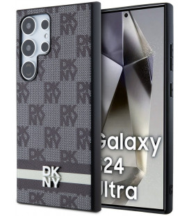 Juodas dėklas Samsung Galaxy S24 Ultra telefonui "DKNY PU Leather Checkered Pattern and Stripe Case"