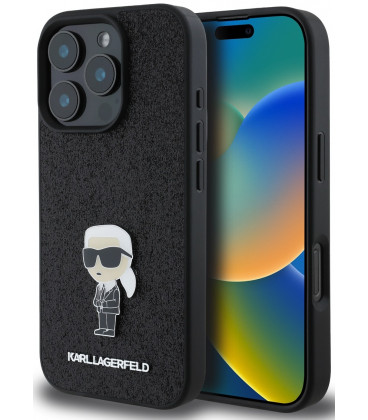 Juodas dėklas Apple iPhone 16 Pro Max telefonui "Karl Lagerfeld Fixed Glitter Metal Ikonik Case"