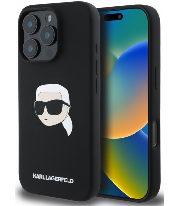 Juodas dėklas Apple iPhone 16 Pro Max telefonui "Karl Lagerfeld Liquid Silicone Karl Head MagSafe Case"