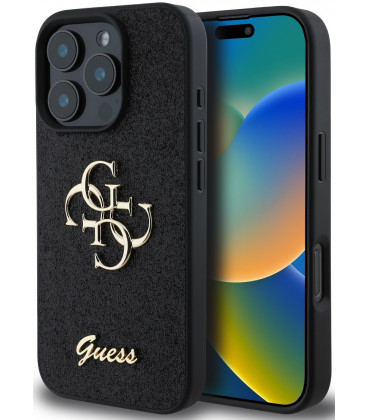 Juodas dėklas Apple iPhone 16 Pro Max telefonui "Guess PU Fixed Glitter 4G Metal Logo Case"