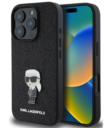 Juodas dėklas Apple iPhone 16 Pro telefonui "Karl Lagerfeld Fixed Glitter Metal Ikonik Case"