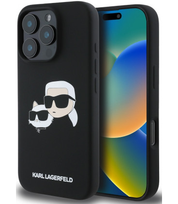 Juodas dėklas Apple iPhone 16 Pro telefonui "Karl Lagerfeld Liquid Silicone Double Heads MagSafe Case"