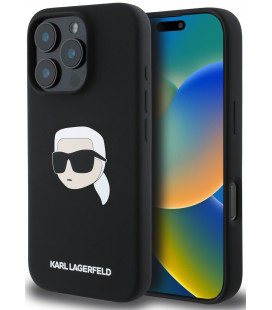 Juodas dėklas Apple iPhone 16 Pro telefonui "Karl Lagerfeld Liquid Silicone Karl Head MagSafe Case"