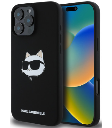 Juodas dėklas Apple iPhone 16 Pro telefonui "Karl Lagerfeld Liquid Silicone Choupette Head MagSafe Case"