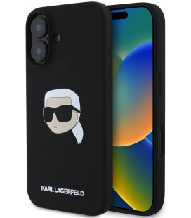 Juodas dėklas Apple iPhone 16 telefonui "Karl Lagerfeld Liquid Silicone Karl Head MagSafe Case"