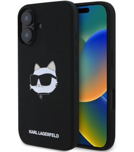 Juodas dėklas Apple iPhone 16 telefonui "Karl Lagerfeld Liquid Silicone Choupette Head MagSafe Case"