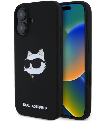 Juodas dėklas Apple iPhone 16 telefonui "Karl Lagerfeld Liquid Silicone Choupette Head MagSafe Case"