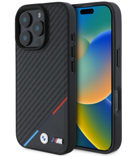 Juodas dėklas Apple iPhone 16 Pro Max telefonui "BMW M PU Carbon Tricolor Stripe MagSafe Case"