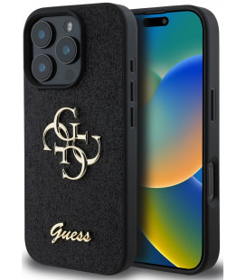 Juodas dėklas Apple iPhone 16 Pro telefonui "Guess PU Fixed Glitter 4G Metal Logo Case"