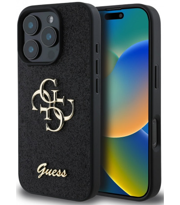 Juodas dėklas Apple iPhone 16 Pro telefonui "Guess PU Fixed Glitter 4G Metal Logo Case"