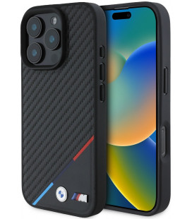 Juodas dėklas Apple iPhone 16 Pro telefonui "BMW M PU Carbon Tricolor Stripe MagSafe Case"