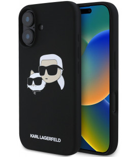 Juodas dėklas Apple iPhone 16 telefonui "Karl Lagerfeld Liquid Silicone Double Heads MagSafe Case"