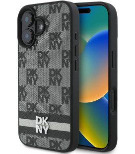 Juodas dėklas Apple iPhone 16 telefonui "DKNY PU Leather Checkered Pattern and Stripe Case"