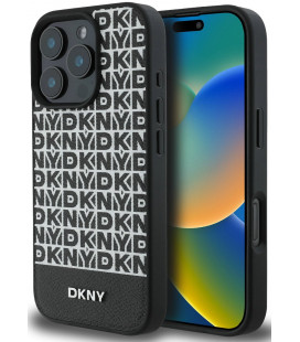 Juodas dėklas Apple iPhone 16 Pro telefonui "DKNY PU Leather Repeat Pattern Bottom Stripe MagSafe Case"