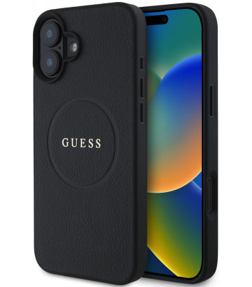 Juodas dėklas Apple iPhone 16 telefonui "Guess PU Grained Classic Logo MagSafe Case"