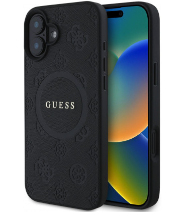 Juodas dėklas Apple iPhone 16 telefonui "Guess Saffiano Peony Stamp MagSafe Case"