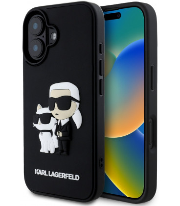 Juodas dėklas Apple iPhone 16 telefonui "Karl Lagerfeld 3D Rubber Karl and Choupette Case"