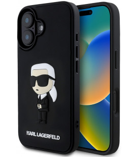 Juodas dėklas Apple iPhone 16 telefonui "Karl Lagerfeld 3D Rubber Ikonik Case"