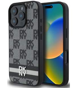 Juodas dėklas Apple iPhone 16 Pro telefonui "DKNY PU Leather Checkered Pattern and Stripe Case"