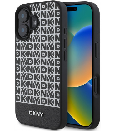 Juodas dėklas Apple iPhone 16 telefonui "DKNY PU Leather Repeat Pattern Bottom Stripe MagSafe Case"