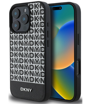 Juodas dėklas Apple iPhone 16 Pro Max telefonui "DKNY PU Leather Repeat Pattern Bottom Stripe MagSafe Case"