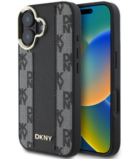 Juodas dėklas Apple iPhone 16 telefonui "DKNY PU Leather Checkered Pattern Magsafe Case"