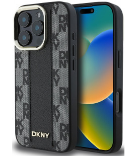 Juodas dėklas Apple iPhone 16 Pro telefonui "DKNY PU Leather Checkered Pattern Magsafe Case"