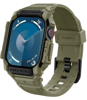 Khaki spalvos dėklas - apyrankė Apple Watch 10 (46mm) laikrodžiui "Spigen Rugged Armor PRO"