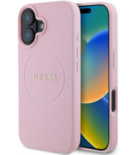 Rožinis dėklas Apple iPhone 16 telefonui "Guess PU Grained Classic Logo MagSafe Case"