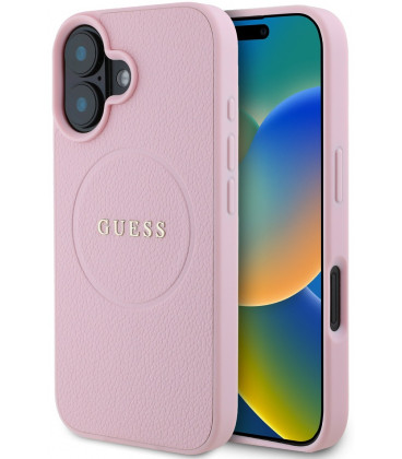 Rožinis dėklas Apple iPhone 16 telefonui "Guess PU Grained Classic Logo MagSafe Case"