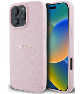 Rožinis dėklas Apple iPhone 16 Pro telefonui "Guess PU Grained Classic Logo MagSafe Case"