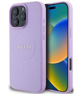 Purpurinis dėklas Apple iPhone 16 Pro telefonui "Guess PU Grained Classic Logo MagSafe Case"