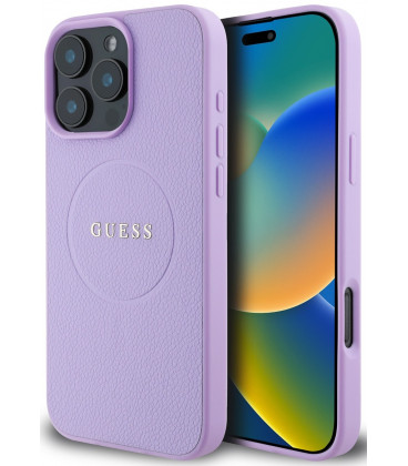 Purpurinis dėklas Apple iPhone 16 Pro Max telefonui "Guess PU Grained Classic Logo MagSafe Case"