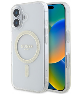 Skaidrus dėklas Apple iPhone 16 telefonui "Guess IML Glitter Ring MagSafe Case"