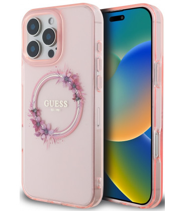 Rožinis dėklas Apple iPhone 16 Pro telefonui "Guess IML Flowers Ring MagSafe Case"