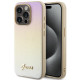 Auksinės spalvos dėklas Apple iPhone 15 Pro telefonui "Guess PU Leather Iridescent Metal Script Case"