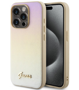 Auksinės spalvos dėklas Apple iPhone 15 Pro telefonui "Guess PU Leather Iridescent Metal Script Case"