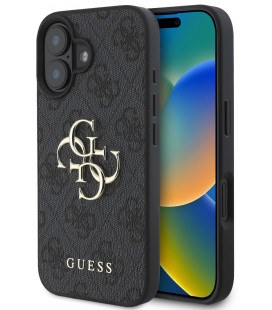 Pilkas dėklas Apple iPhone 16 telefonui "Guess PU 4G Metal Logo Case"