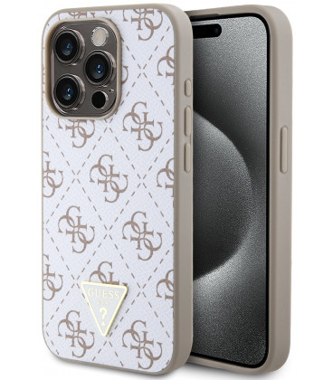 Baltas dėklas Apple iPhone 15 Pro telefonui "Guess PU Leather 4G Triangle Metal Logo Case"