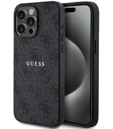 Juodas dėklas Apple iPhone 15 Pro Max telefonui "Guess PU Leather 4G Colored Ring MagSafe Case"