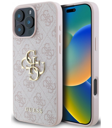 Rožinis dėklas Apple iPhone 16 Pro telefonui "Guess PU 4G Metal Logo Case"