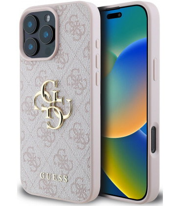 Rožinis dėklas Apple iPhone 16 Pro Max telefonui "Guess PU 4G Metal Logo Case"