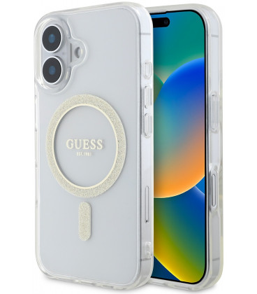 Skaidrus dėklas Apple iPhone 16 Plus telefonui "Guess IML Glitter Ring MagSafe Case"