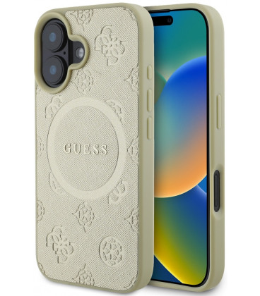 Auksinės spalvos dėklas Apple iPhone 16 telefonui "Guess Saffiano Peony Stamp MagSafe Case"