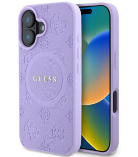 Purpurinis dėklas Apple iPhone 16 telefonui "Guess Saffiano Peony Stamp MagSafe Case"