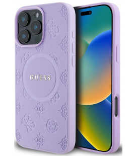 Purpurinis dėklas Apple iPhone 16 Pro telefonui "Guess Saffiano Peony Stamp MagSafe Case"