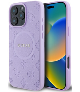 Purpurinis dėklas Apple iPhone 16 Pro Max telefonui "Guess Saffiano Peony Stamp MagSafe Case"