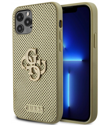 Auksinės spalvos dėklas Apple iPhone 12 / 12 Pro telefonui "Guess PU Perforated 4G Glitter Metal Logo Case"