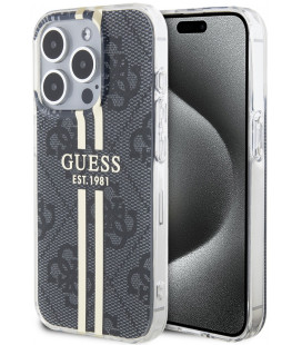 Juodas dėklas Apple iPhone 15 Pro telefonui "Guess IML 4G Gold Stripe Case"