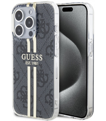 Juodas dėklas Apple iPhone 15 Pro telefonui "Guess IML 4G Gold Stripe Case"